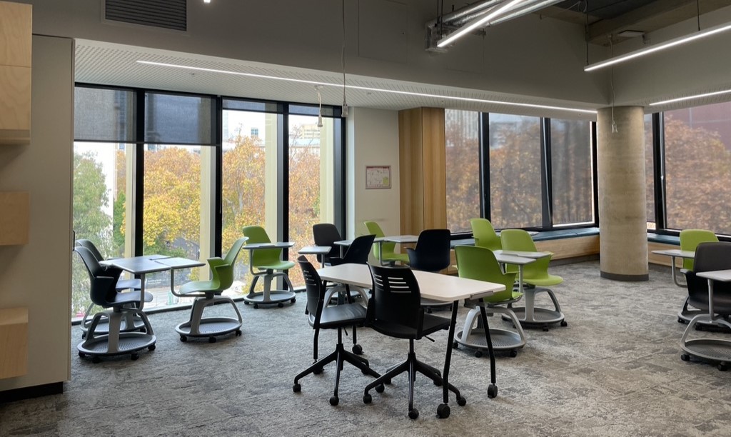 classroom with tables and chairs