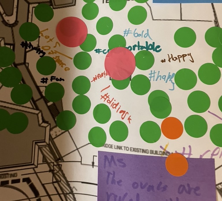 annotated student map with comment that say 'happy' and 'comfortable'